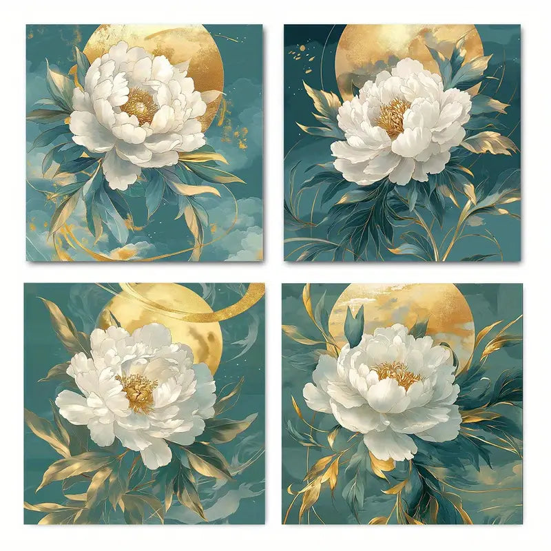 4pcs White Peony In Full Bloom Wall Art Canvas Framed