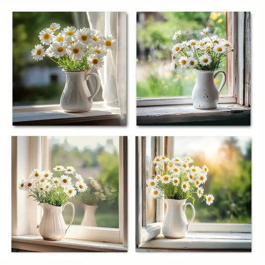 4pcs Rusti Daisies Wooden Windowsill Spring Wall Art Canvas Framed