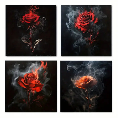 4pcs Exquisite Red Rose Wall Art Canvas Framed