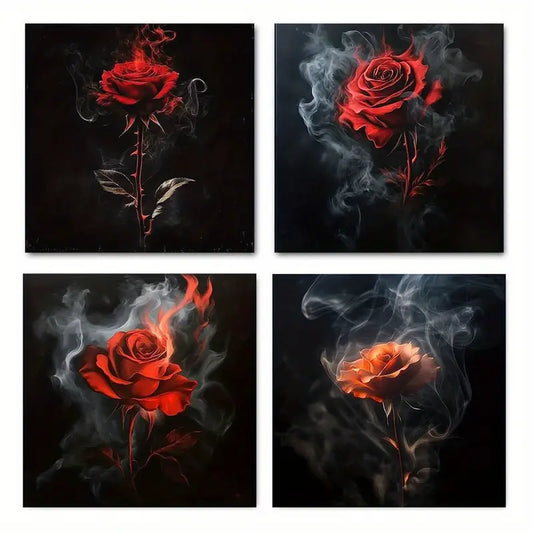 4pcs Exquisite Red Rose Wall Art Canvas Framed