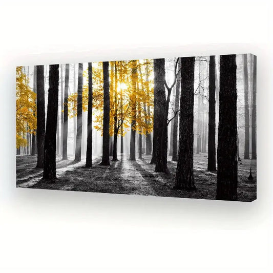 Yellow Tree Black & White Sunshine Foggy Forest Wall Art canvas office home room framed 120x60cm