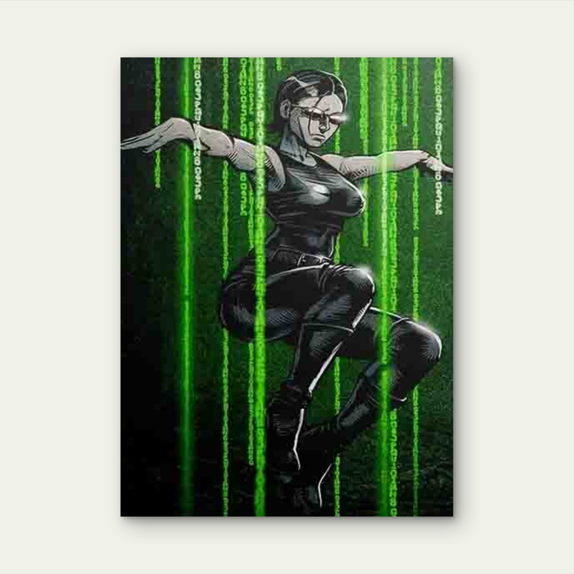 Cyber Woman with Matrix Code Green Digital Rain 60x90cm Metal Print Ready to Hang - Bella Home Decor