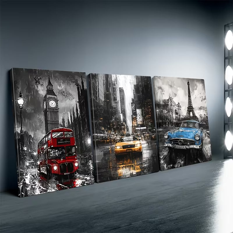 3pcs Colorful Cars in New York Paris London Wall Art Set Canvas Framed 40x60cm - High Quality Print 100% Australian Made Wall Canvas Ready to Hang - Bella Home Decor