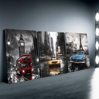 3pcs Colorful Cars in New York Paris London Wall Art Set Canvas Framed 40x60cm - High Quality Print 100% Australian Made Wall Canvas Ready to Hang - Bella Home Decor