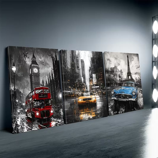 3pcs Colorful Cars in New York Paris London Wall Art Set Canvas Framed 40x60cm - High Quality Print 100% Australian Made Wall Canvas Ready to Hang