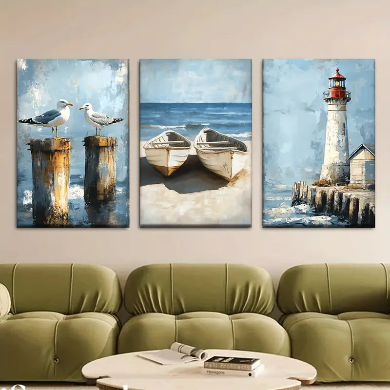 3pcs Seagull, Lighthouse & Ship Scene with Blue &  Metal Print Ready to Hang Art