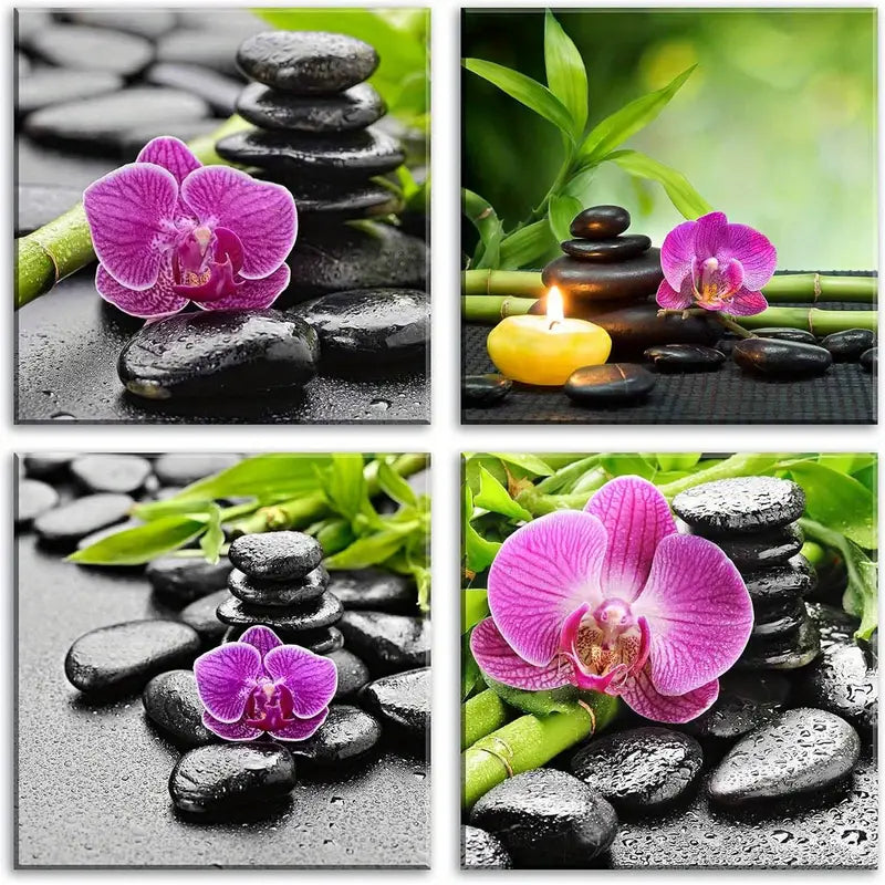 4pcs Zen Pink Orchid & Stone Wall Art Canvas Framed - Bella Home Decor
