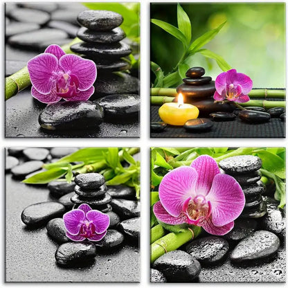 4pcs Zen Pink Orchid & Stone Wall Art Canvas Framed - Bella Home Decor
