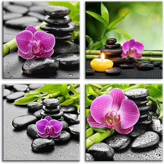 4pcs Zen Pink Orchid & Stone Wall Art Canvas Framed