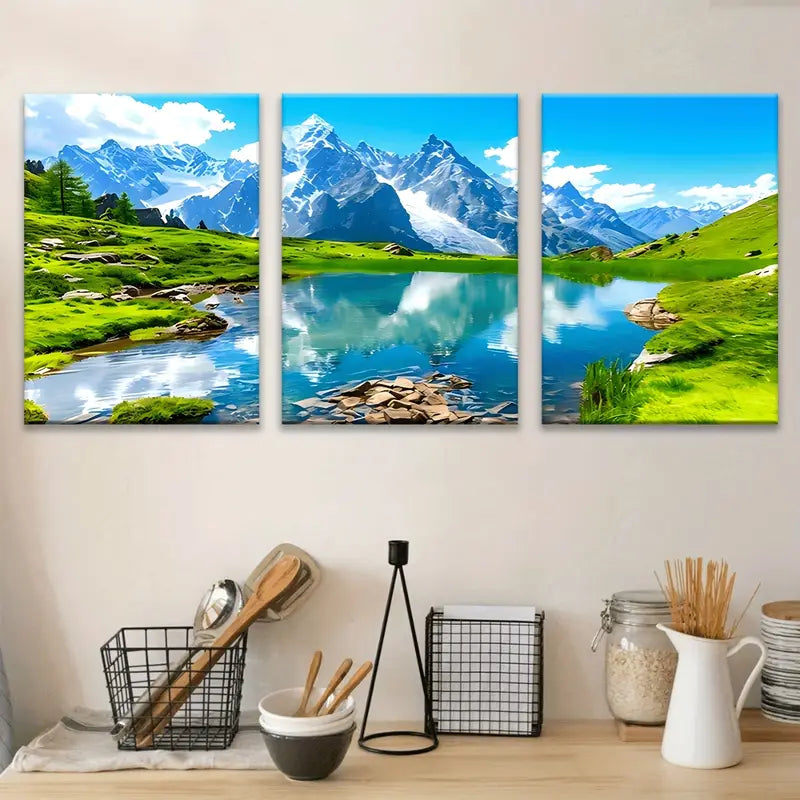 3pcs Alpine Mountain Lake Canvas Metal Print Ready to Hang Art - Bella Home Decor