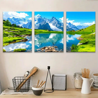 3pcs Alpine Mountain Lake Canvas Metal Print Ready to Hang Art - Bella Home Decor