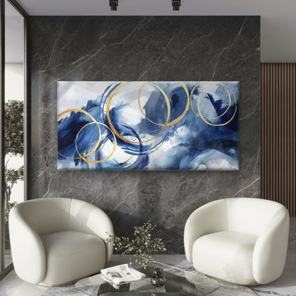Blue Gold Abstract Rings Wall Art Canvas Office Home Room Framed 120x60cm