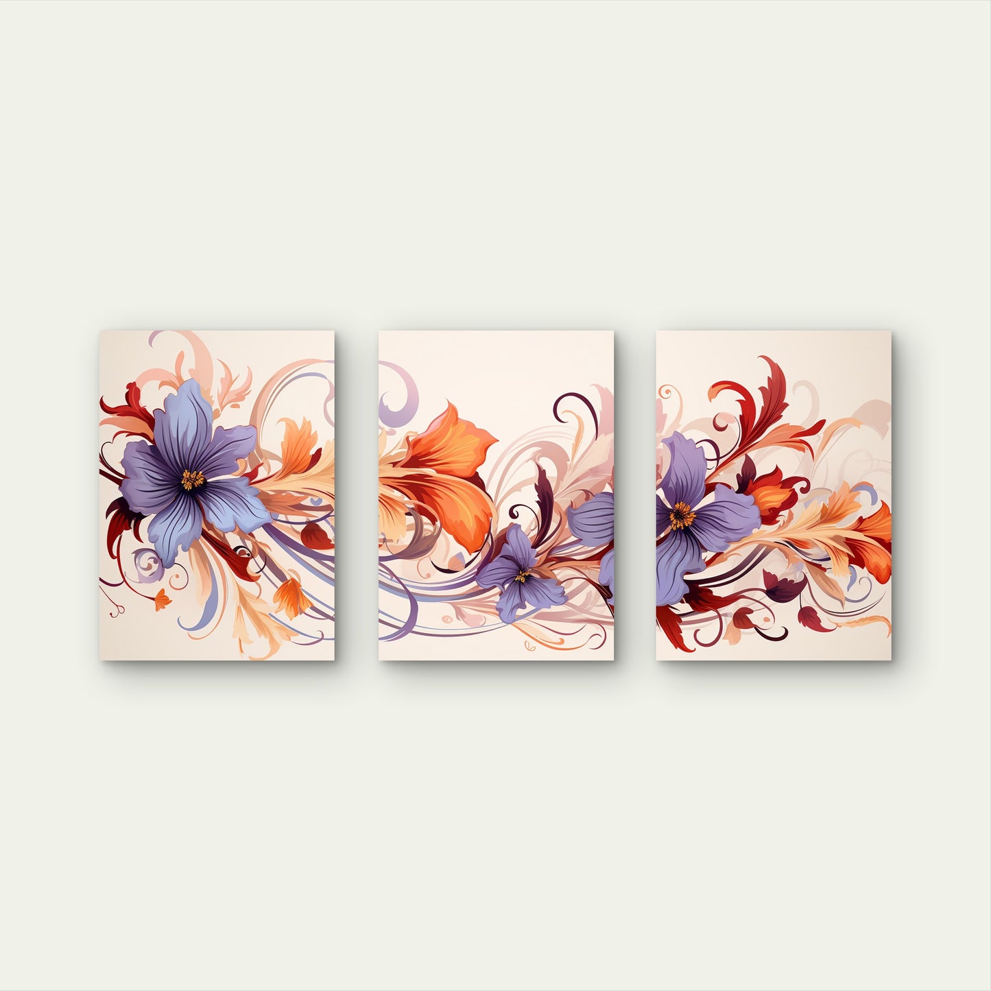 3pcs Purple Orange Floral Swirl Retro Blossom  Wall Art Set Canvas Framed 60x90cm - High Quality Print 100% Australian Made Wall Canvas Ready to Hang