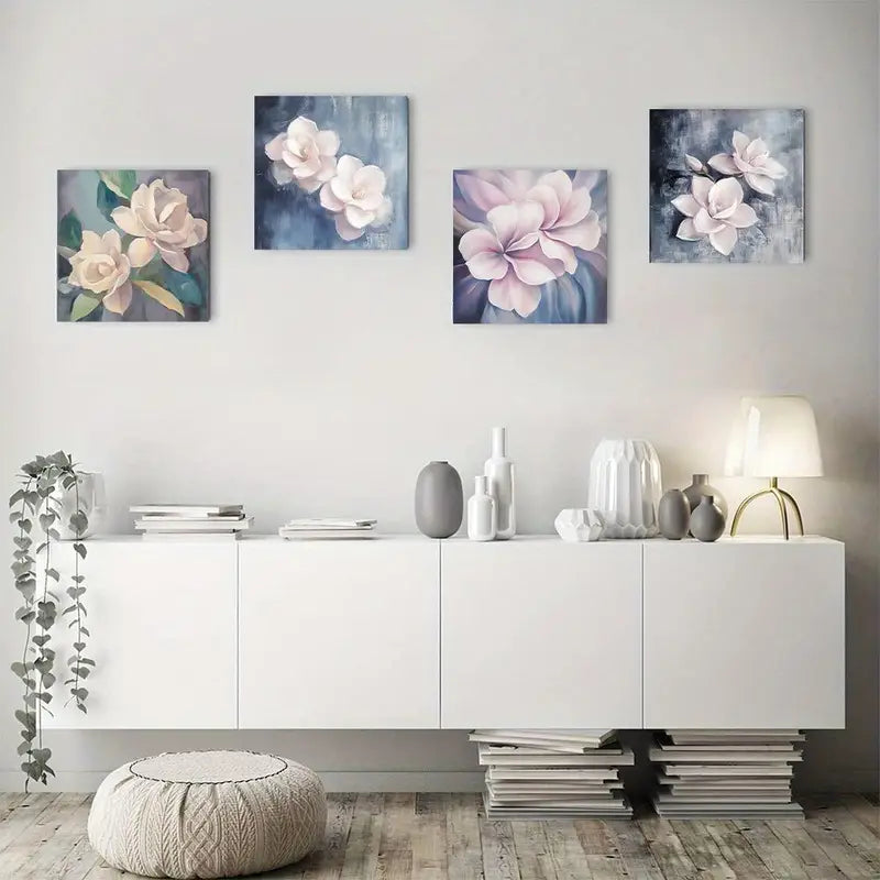 4pcs Pink & Grey Rose Floral Prints Wall Art Canvas Framed