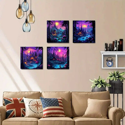 4pcs  Mystical Purple Twilight Scenery with Gin   Wall Art Canvas Framed