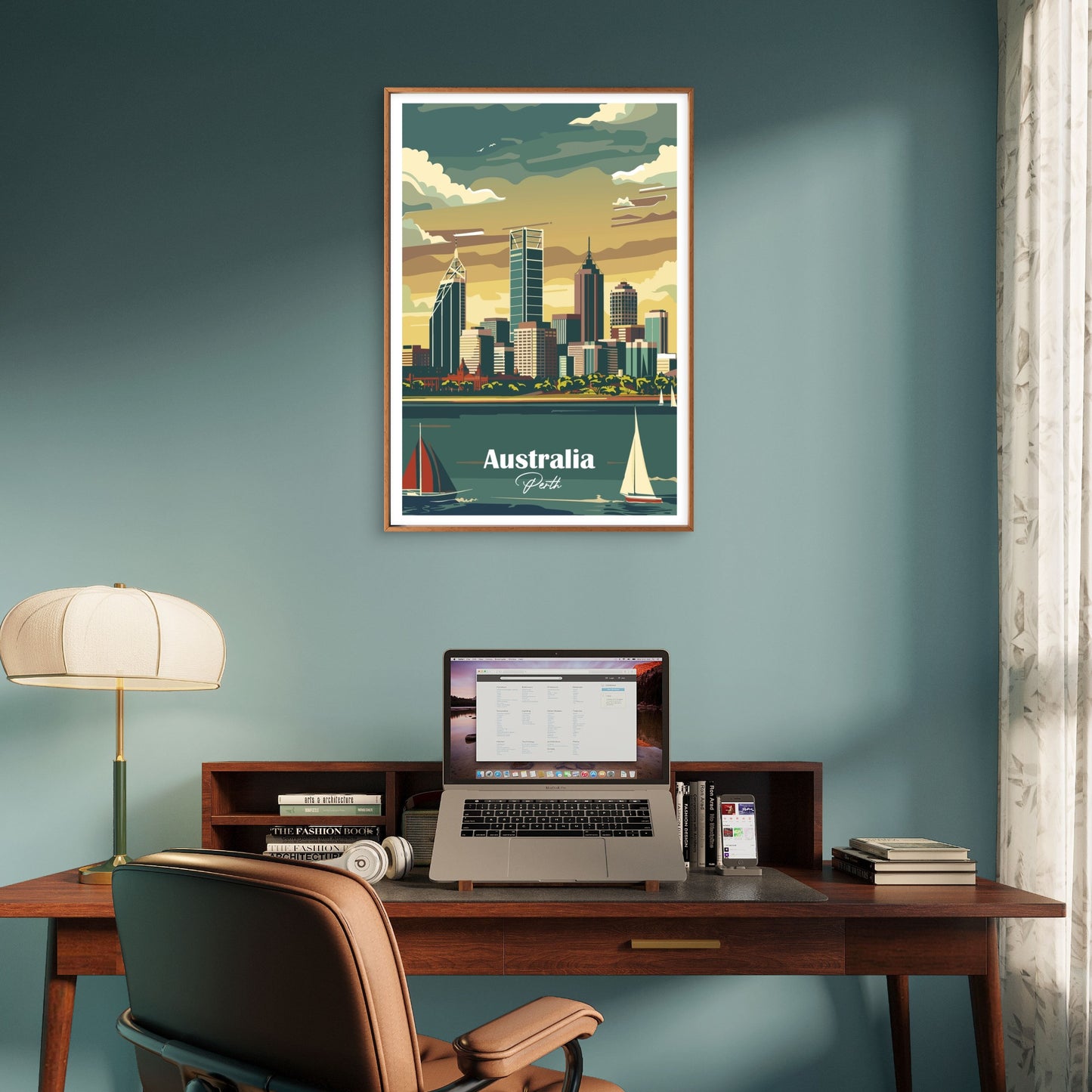 Perth Australia Skyline City River Sailboat Travel Poster Print Wall Art