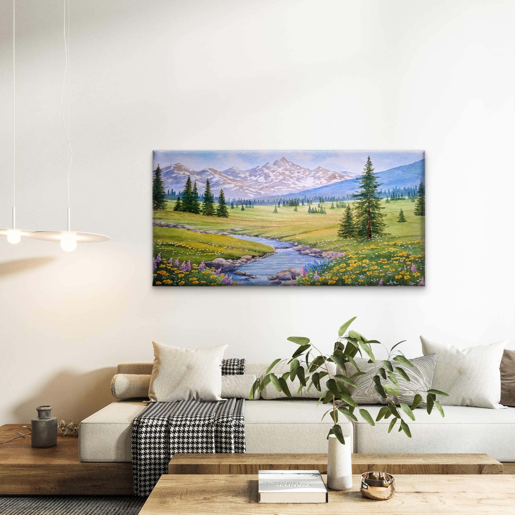 Alpine Mountain River Flower Field Wall Art Canvas Office Home Framed 120x60cm