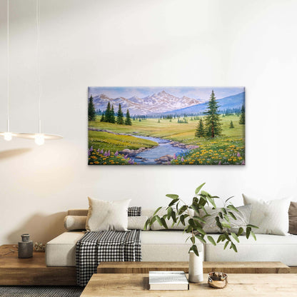 Alpine Mountain River Flower Field Wall Art Canvas Office Home Framed 120x60cm