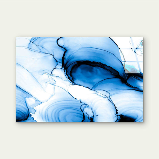 Blue Abstract Fluid Ink Tempered Glass Printing Wall Art Australian Made Quality