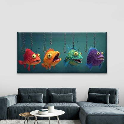 Whimsical Cartoon Fish Wall Art Canvas Office Home Room Framed 120x60cm