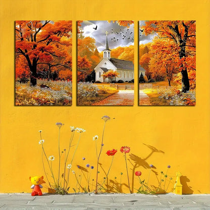 3pcs Cartoon Style Fall Landscape Metal Print Ready to Hang Art - Bella Home Decor