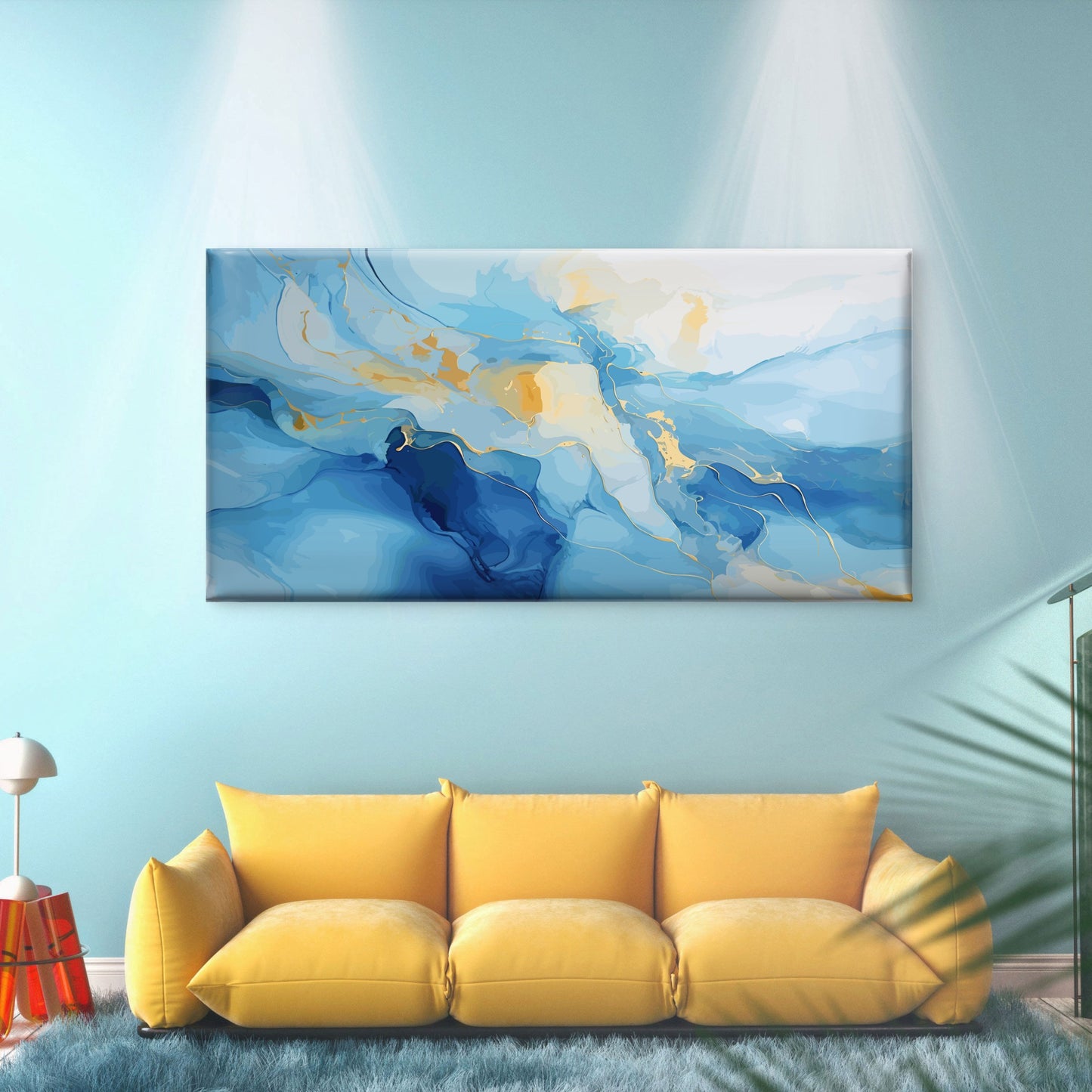 Blue Ocean Gold Waves Wall Art Canvas Office Home Room Framed 120x60cm