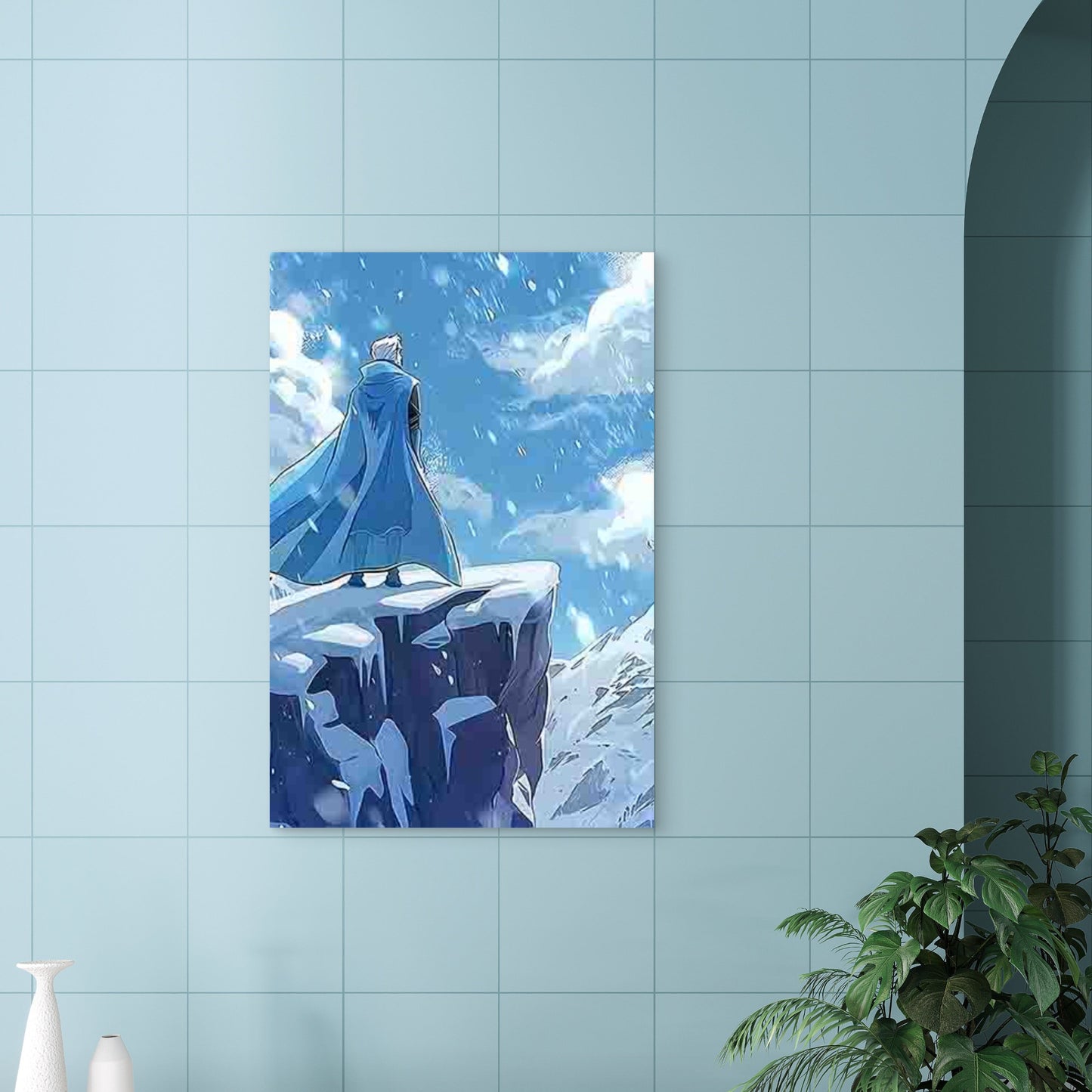 Figure in a Blue Cloak Standing on a Cliff 60x90cm Metal Print Ready to Hang - Bella Home Decor