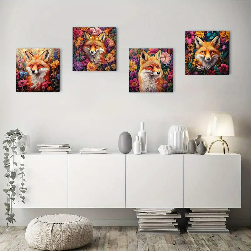 4pcs  Vibrant Floral Fox Designs Wall Art Canvas Framed