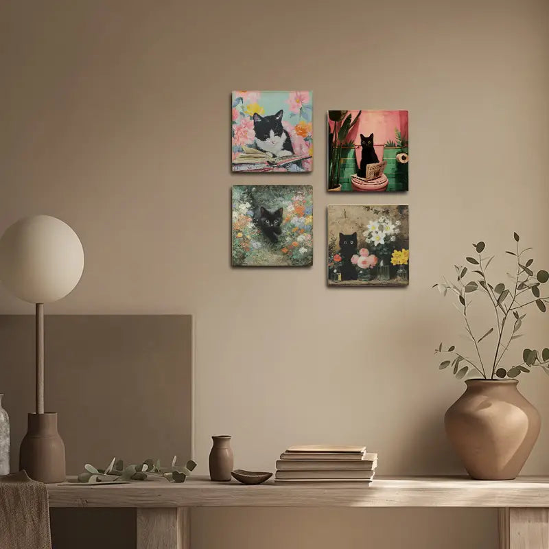 4pcs Charming Cat Wall Art Canvas Framed