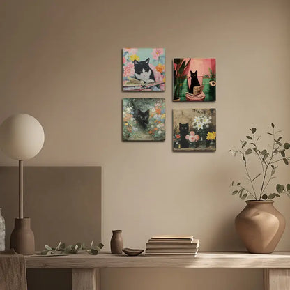 4pcs Charming Cat Wall Art Canvas Framed