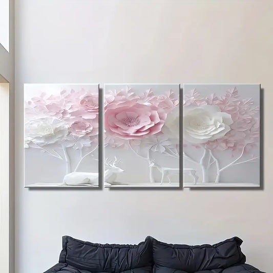 3pcs White And Pink Floral Tree Metal Print Ready to Hang Art
