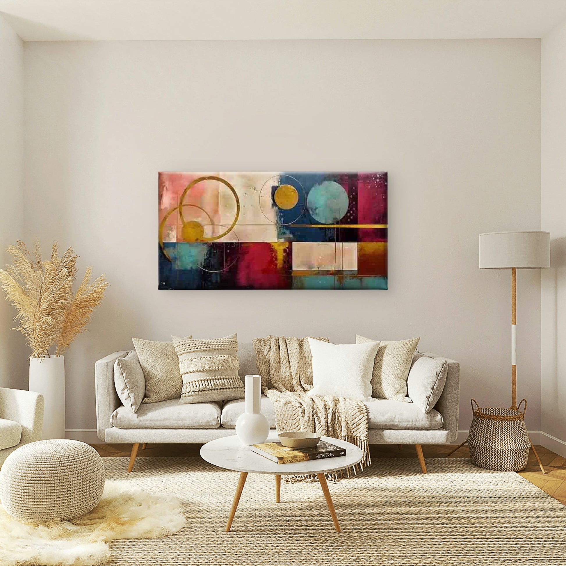 Minimalist Circles & Squares Wall Art Canvas Office Home Room Framed 120x60cm - Bella Home Decor