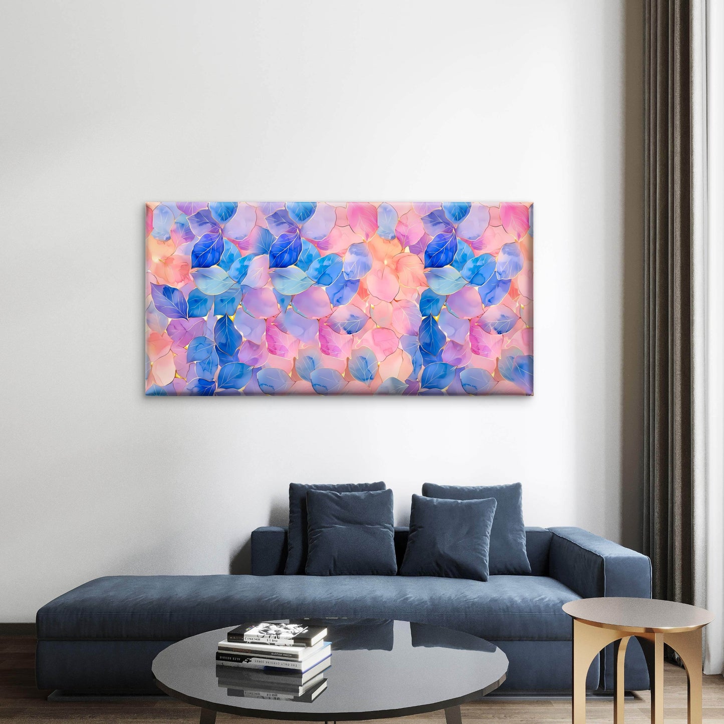 Watercolor Blue Pink Leaves Gold Veins Pattern Wall Art Canvas Office Home Room Framed 120x60cm