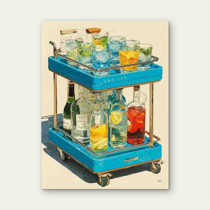 Coastal Blue Bar Cart Metal Print Ready to Hang