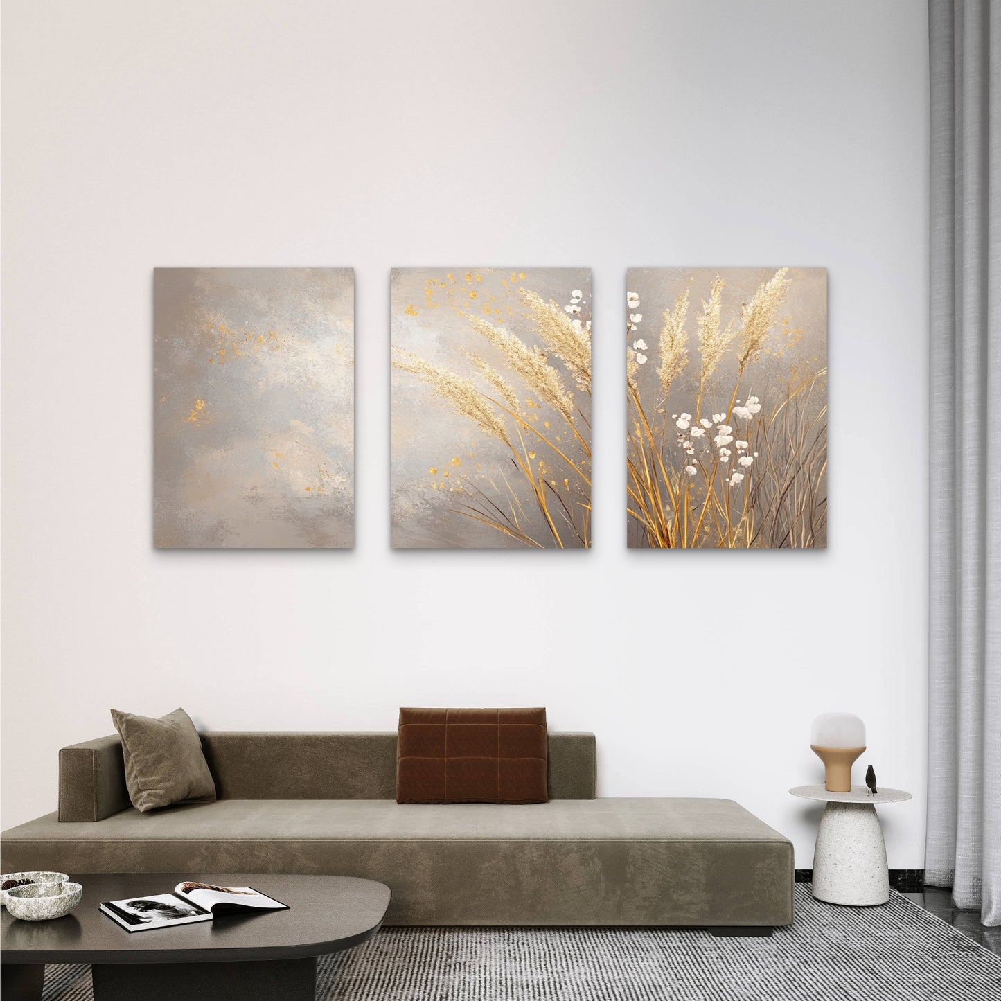 3pcs Metallic Silver Beige Fluffy Grass Print Wall Art Set Canvas Framed 60x90cm - High Quality Print 100% Australian Made Wall Canvas Ready to Hang