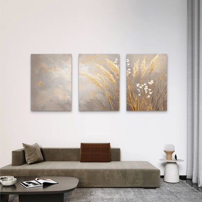 3pcs Metallic Silver Beige Fluffy Grass Print  Wall Art Set Canvas Framed 50x70cm - High Quality Print 100% Australian Made Wall Canvas Ready to Hang