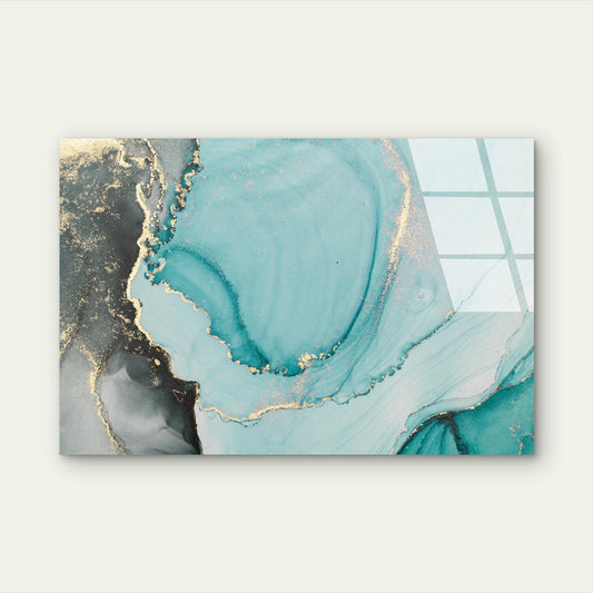 Teal Grey Gold Wave Marble Acrylic Glass Printing Wall Art Australian Made Quality