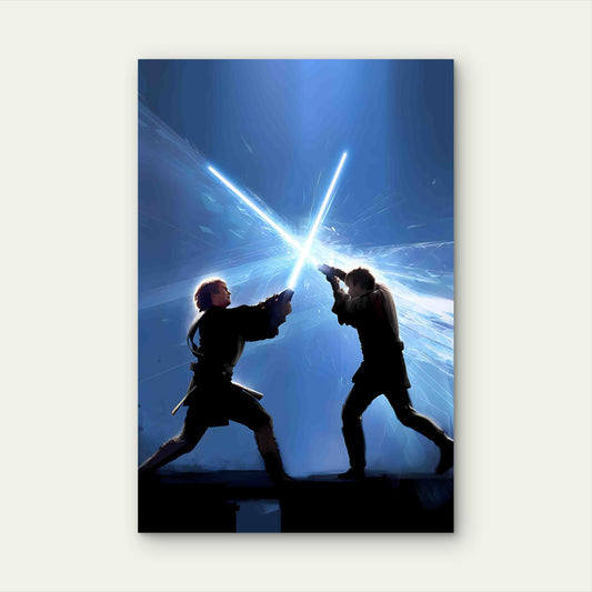 Cinematic Blue Laser Sword Duel Sci-Fi Battle 60x90cm Metal Print Ready to Hang