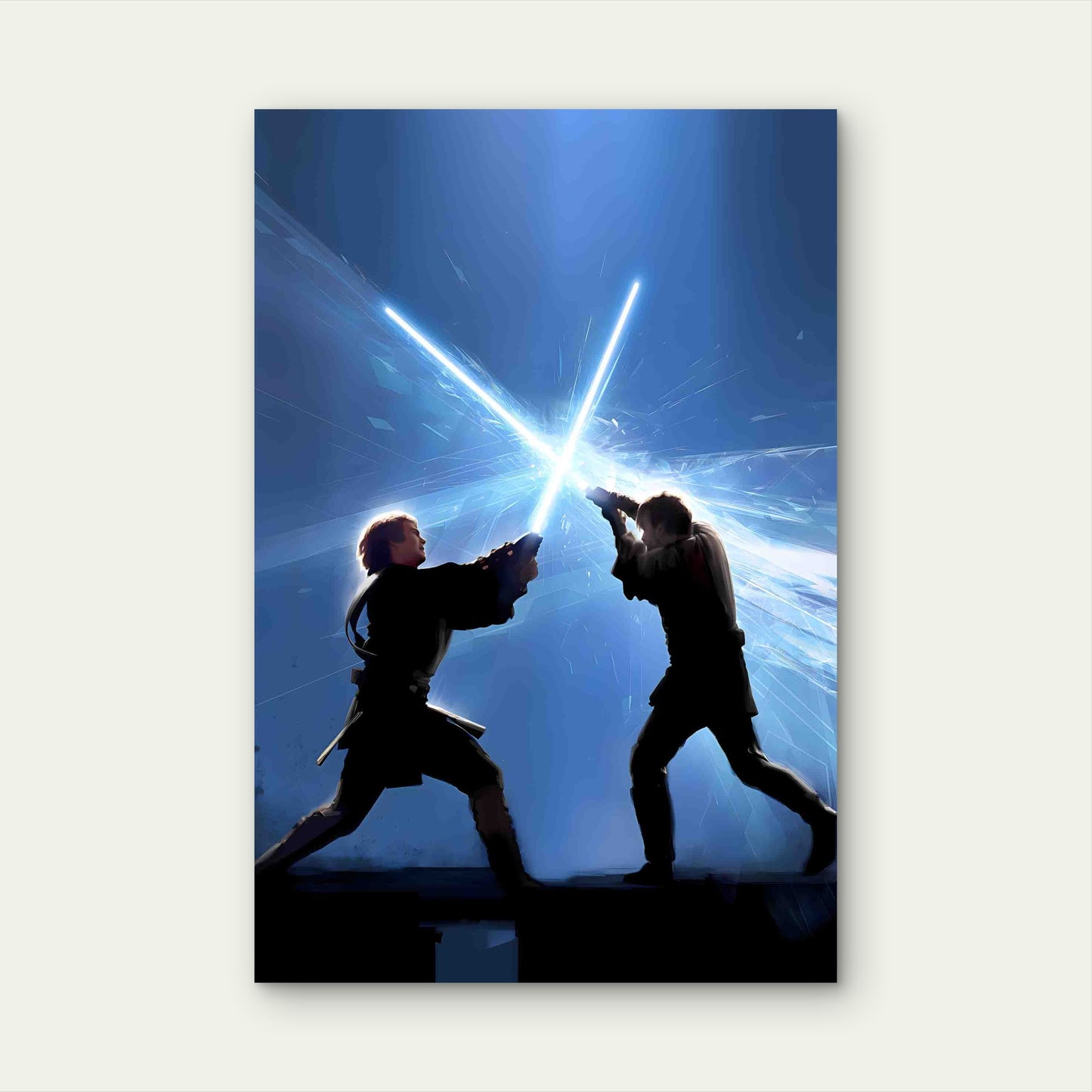 Cinematic Blue Laser Sword Duel Sci-Fi Battle 40x60cm Metal Print Ready to Hang