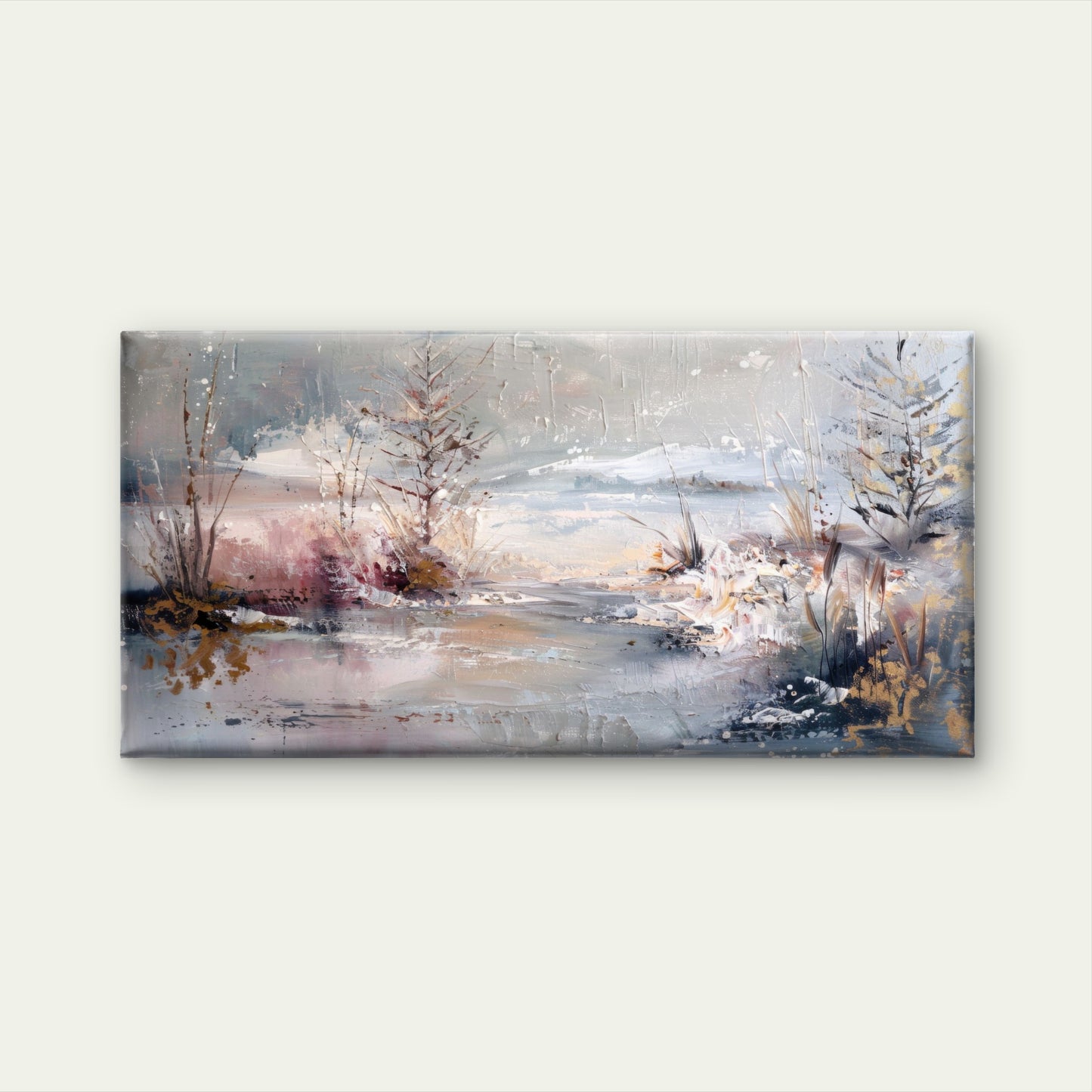 Winter Forest River Snow Grey Wall Art Canvas Office Home Room Framed 120x60cm