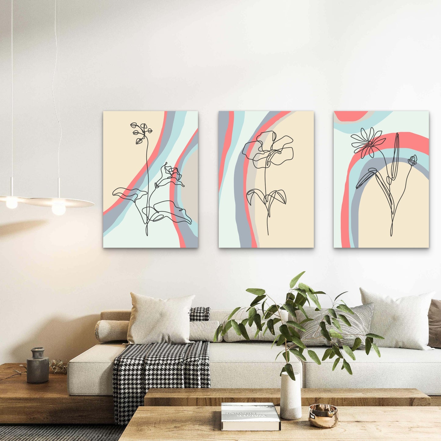 3pcs Minimalist Floral Line Art Pastel Abstract   Wall Art Set Canvas Framed 50x70cm - High Quality Print 100% Australian Made Wall Canvas Ready to Hang