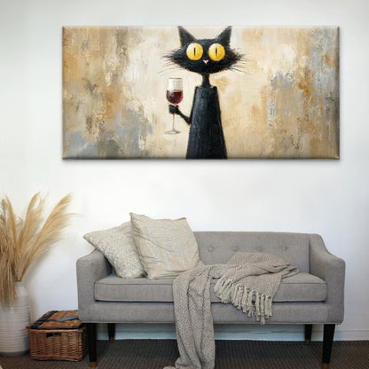 Black Cat & Wine Glass Wall Art Canvas Office Home Room Framed 120x60cm