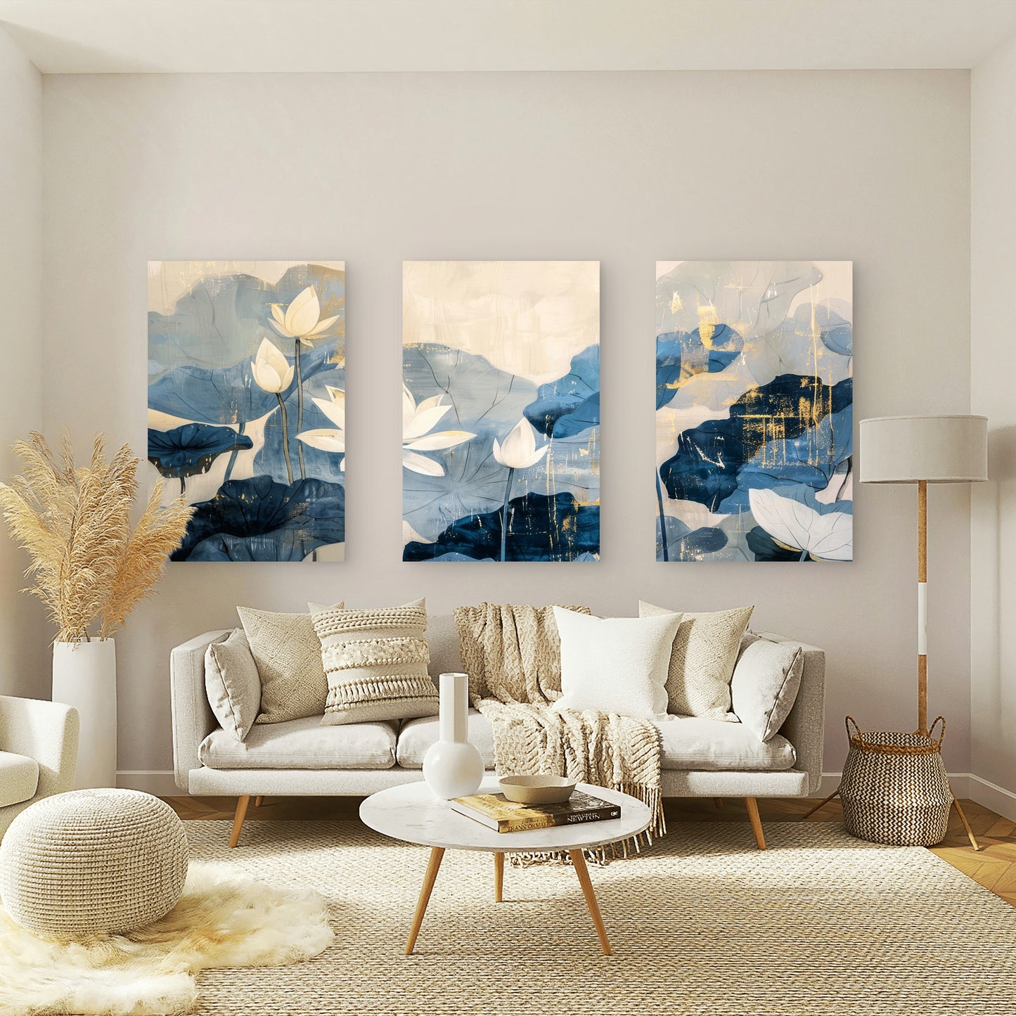 3pcs Abstract Blue Gold Lotus Flower Painting  Wall Art Set Canvas Framed 60x90cm - High Quality Print 100% Australian Made Wall Canvas Ready to Hang