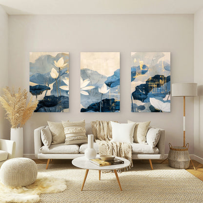 3pcs Abstract Blue Gold Lotus Flower Painting  Wall Art Set Canvas Framed 60x90cm - High Quality Print 100% Australian Made Wall Canvas Ready to Hang