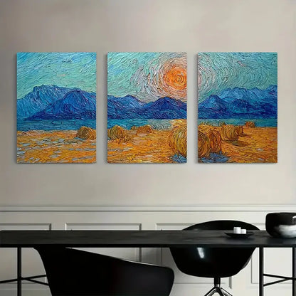 3pcs Van Gogh Hay Bales With Mountains Rustic Metal Print Ready to Hang Art