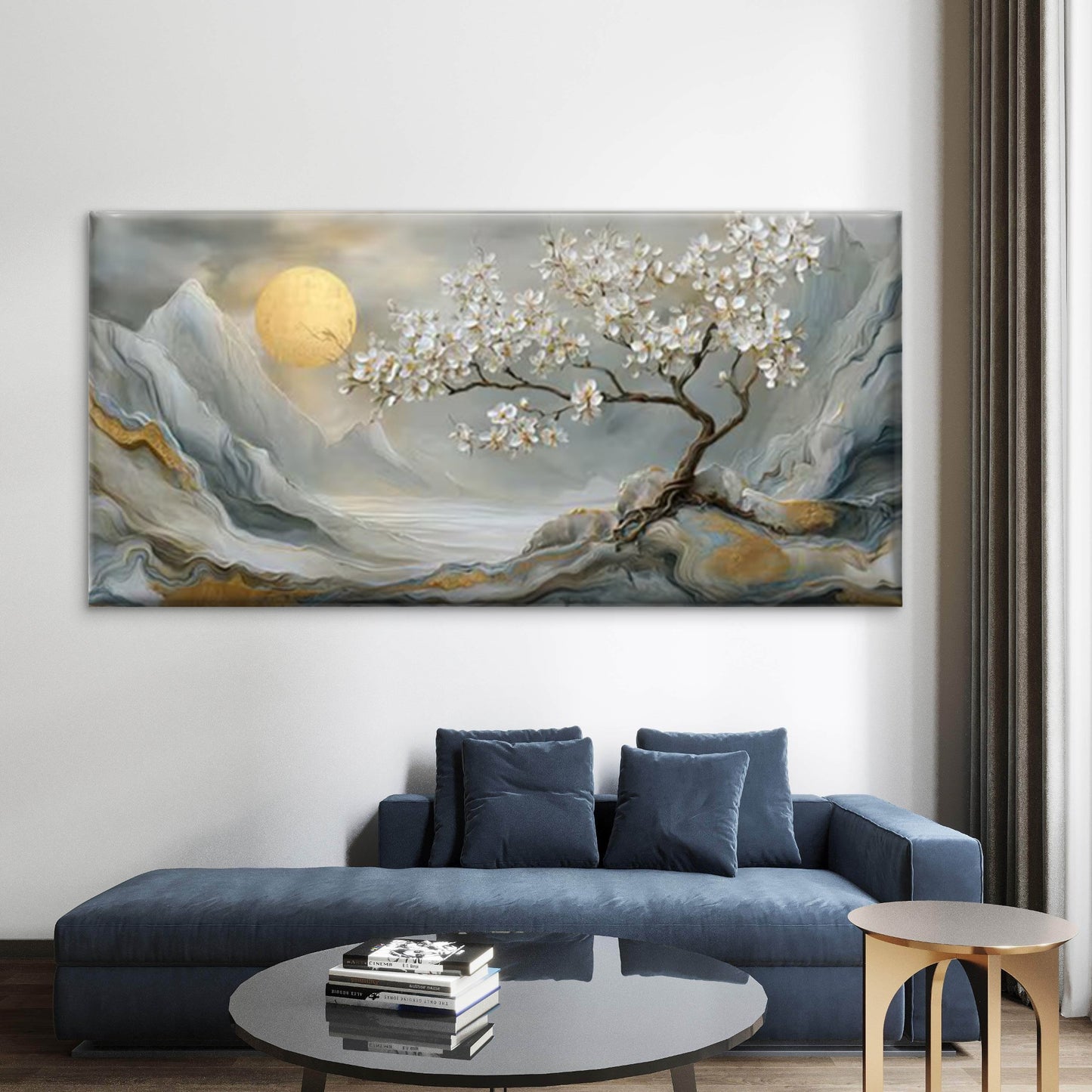 Golden Moon & White Floral Tree Wall Art Canvas Office Home Room Framed 120x60cm
