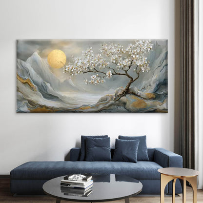 Golden Moon & White Floral Tree Wall Art Canvas Office Home Room Framed 120x60cm