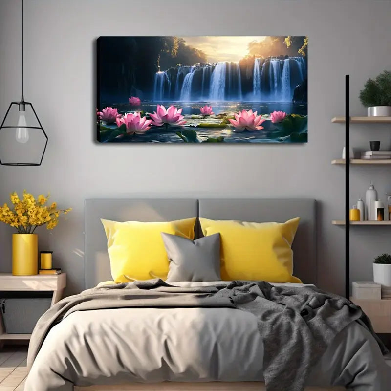 Serene Waterfall Blooming Flowers Wall Art Canvas Office Home Room Framed 120x60cm - Bella Home Decor