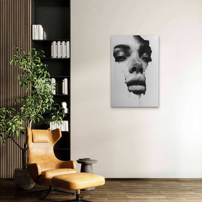 Black White Woman Face Ink Drip Art 40x60cm Metal Print Ready to Hang