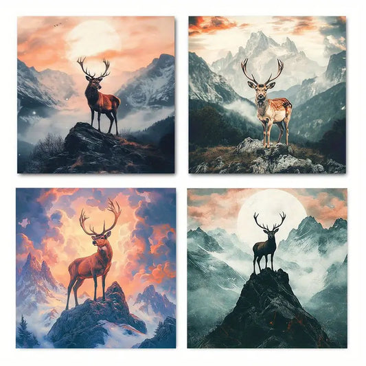 4pcs Blood Moon Deer Scenery Wall Art Canvas Framed